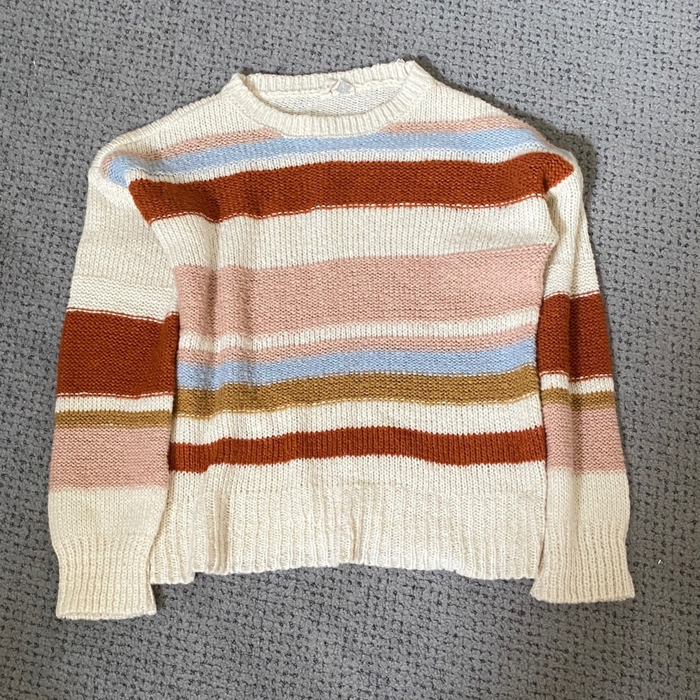 Sky and Sparrow Cream Striped Crewneck Sweater with Rust, Blush & Light Blue